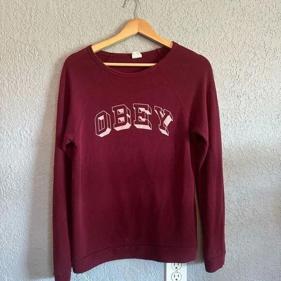 Obey Burgundy Women’s Crewneck Size Medium - Picture 1 of 4